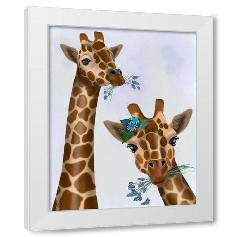 Chewing Giraffe Duo White Modern Wood Framed Art Print by Fab Funky