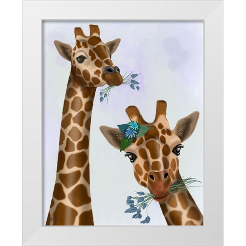 Chewing Giraffe Duo White Modern Wood Framed Art Print by Fab Funky