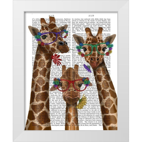 Giraffe and Flower Glasses, Trio White Modern Wood Framed Art Print by Fab Funky