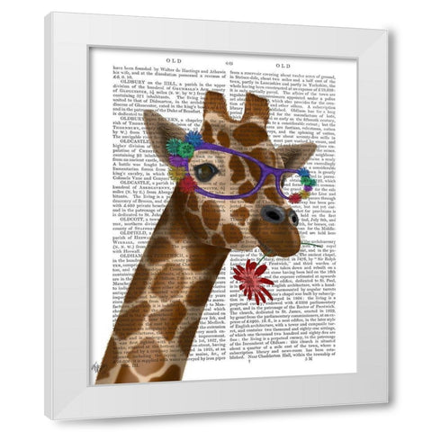 Giraffe and Flower Glasses 2 White Modern Wood Framed Art Print by Fab Funky