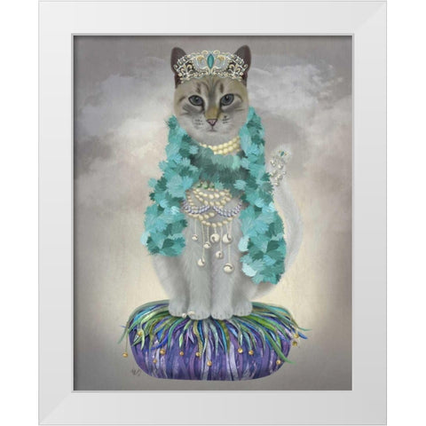 Grey Cat With Bells, Full White Modern Wood Framed Art Print by Fab Funky
