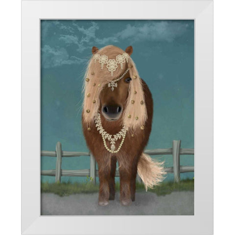 Horse Brown Pony with Bells, Full White Modern Wood Framed Art Print by Fab Funky