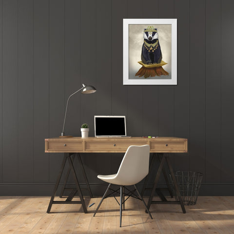 Badger with Tiara, Full White Modern Wood Framed Art Print by Fab Funky