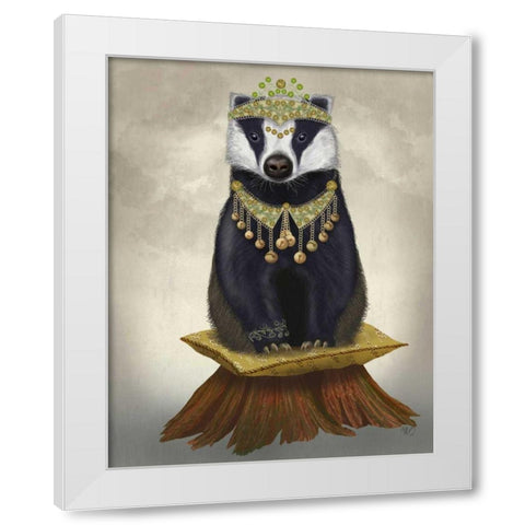 Badger with Tiara, Full White Modern Wood Framed Art Print by Fab Funky