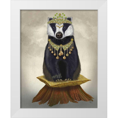 Badger with Tiara, Full White Modern Wood Framed Art Print by Fab Funky