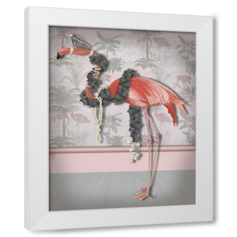 Flamingo and Pearls, Full White Modern Wood Framed Art Print by Fab Funky