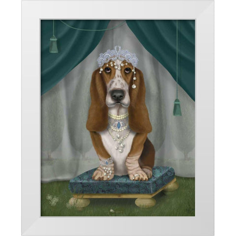 Basset Hound and Tiara White Modern Wood Framed Art Print by Fab Funky