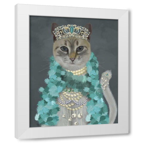 Grey Cat With Bells, Portrait White Modern Wood Framed Art Print by Fab Funky