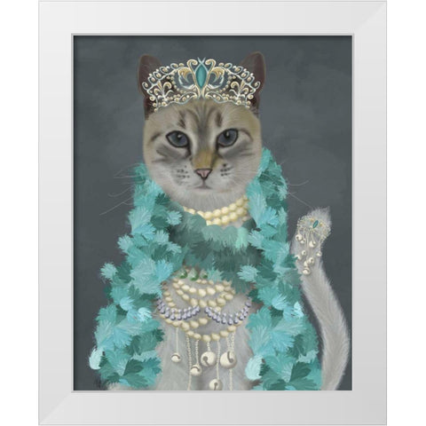 Grey Cat With Bells, Portrait White Modern Wood Framed Art Print by Fab Funky