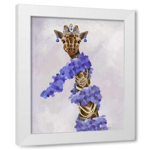 Giraffe with Purple Boa White Modern Wood Framed Art Print by Fab Funky