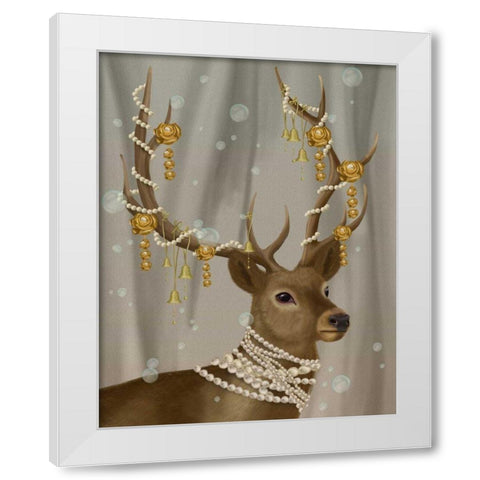 Deer with Gold Bells White Modern Wood Framed Art Print by Fab Funky