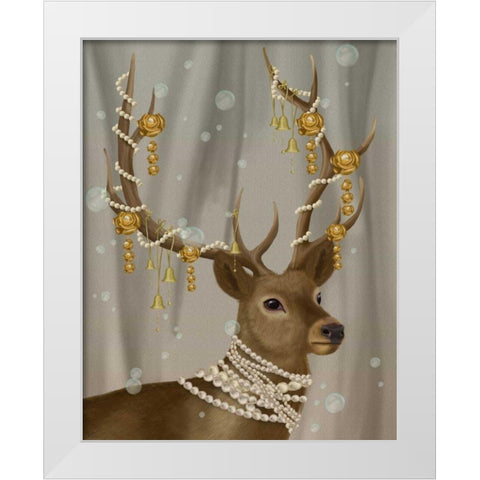Deer with Gold Bells White Modern Wood Framed Art Print by Fab Funky