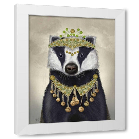 Badger with Tiara, Portrait White Modern Wood Framed Art Print by Fab Funky