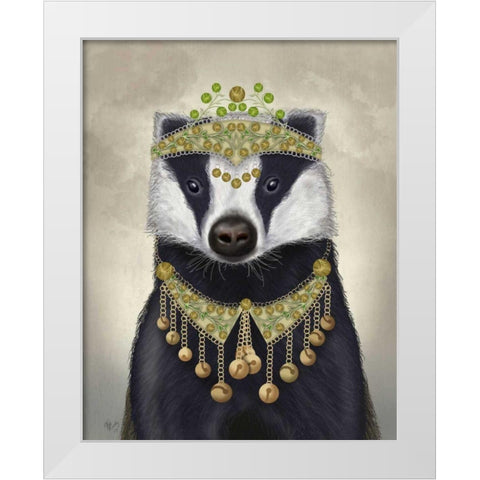 Badger with Tiara, Portrait White Modern Wood Framed Art Print by Fab Funky