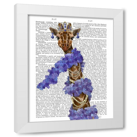 Giraffe with Purple Boa White Modern Wood Framed Art Print by Fab Funky