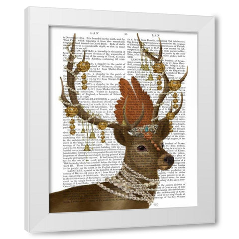 Deer with Gold Bells White Modern Wood Framed Art Print by Fab Funky
