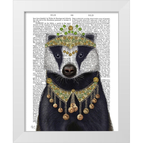 Badger with Tiara, Portrait White Modern Wood Framed Art Print by Fab Funky