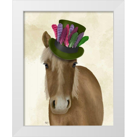 Horse with Feather Hat White Modern Wood Framed Art Print by Fab Funky
