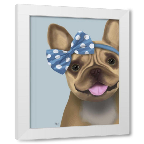 French Bulldog and Blue Bow White Modern Wood Framed Art Print by Fab Funky
