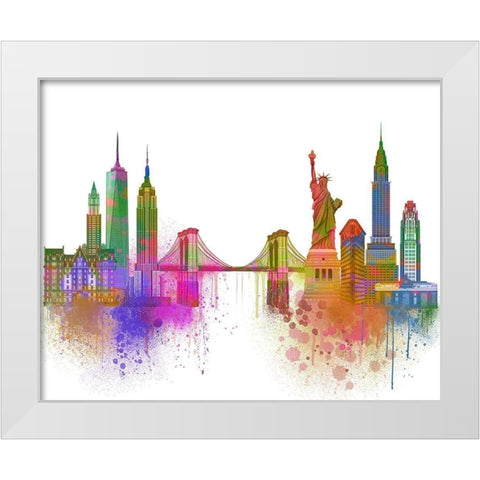 New York Skyline Rainbow Bright  White Modern Wood Framed Art Print by Fab Funky