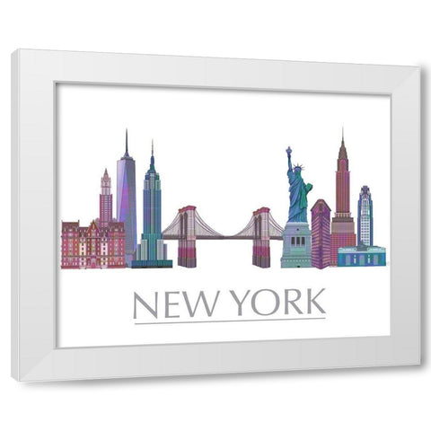 New York Skyline Coloured Buildings White Modern Wood Framed Art Print by Fab Funky