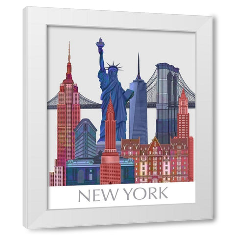 New York Landmarks , Red Blue White Modern Wood Framed Art Print by Fab Funky