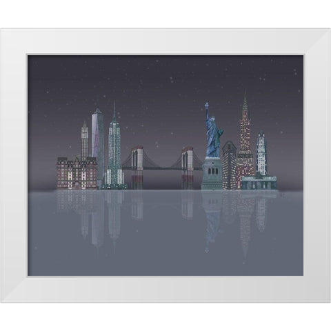 New York Skyline Night Reflections White Modern Wood Framed Art Print by Fab Funky