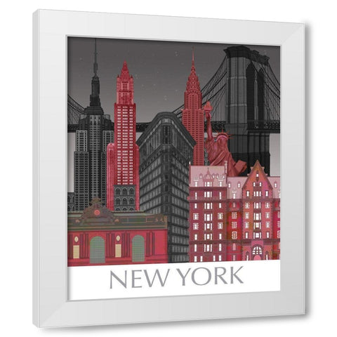 New York Elevations by Night Red White Modern Wood Framed Art Print by Fab Funky