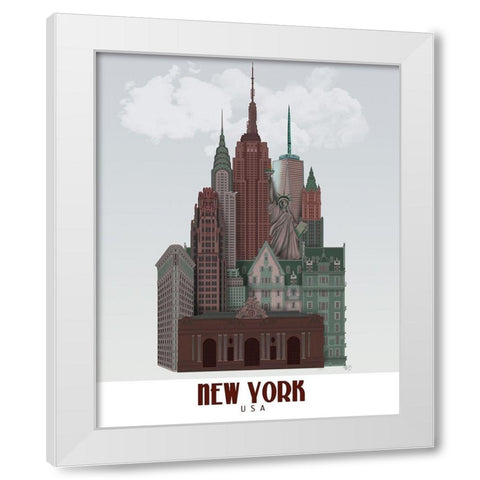 New York in Clouds Dark Red and Green White Modern Wood Framed Art Print by Fab Funky