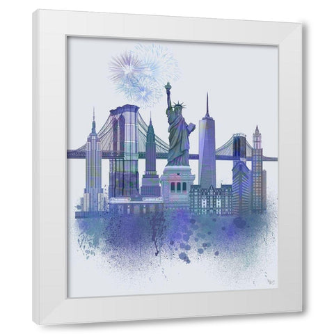 New York Skyline Watercolour Splash Blue White Modern Wood Framed Art Print by Fab Funky