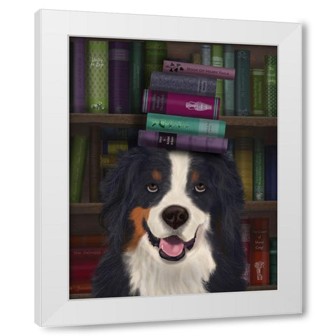 Bernese and Books White Modern Wood Framed Art Print by Fab Funky