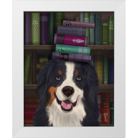 Bernese and Books White Modern Wood Framed Art Print by Fab Funky