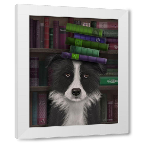 Border Collie, Black and White, and Books White Modern Wood Framed Art Print by Fab Funky