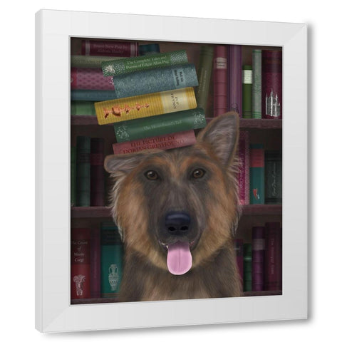 German Shepherd and Books White Modern Wood Framed Art Print by Fab Funky