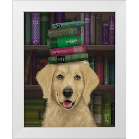 Golden Retriever and Books White Modern Wood Framed Art Print by Fab Funky