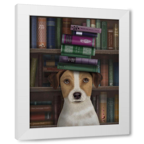 Jack Russell and Books White Modern Wood Framed Art Print by Fab Funky