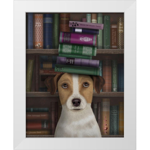Jack Russell and Books White Modern Wood Framed Art Print by Fab Funky