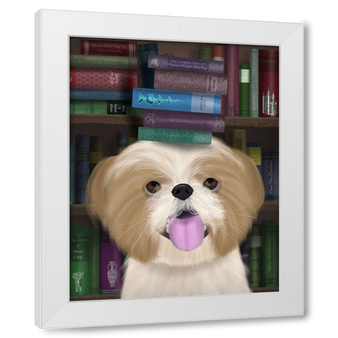 Shih Tsu and Books White Modern Wood Framed Art Print by Fab Funky