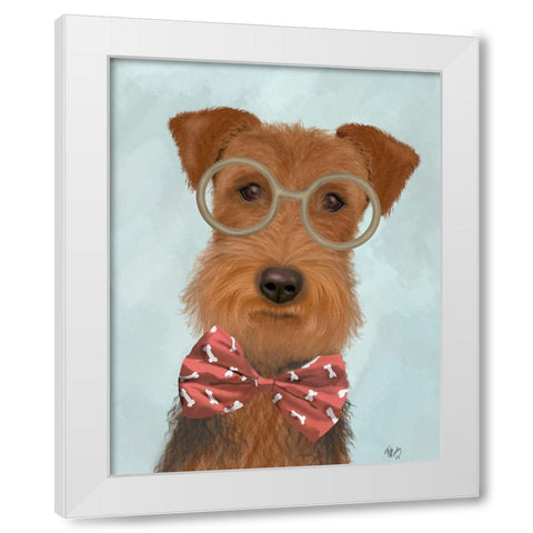 Airedale with Glasses and Bow Tie White Modern Wood Framed Art Print by Fab Funky