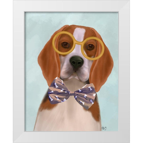 Beagle with Glasses and Bow Tie White Modern Wood Framed Art Print by Fab Funky