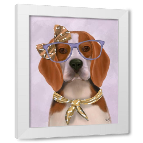 Beagle with Glasses and Scarf White Modern Wood Framed Art Print by Fab Funky