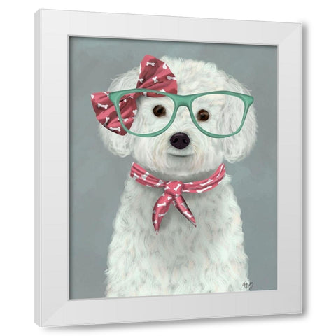 Bichon Frise with Glasses and Scarf White Modern Wood Framed Art Print by Fab Funky