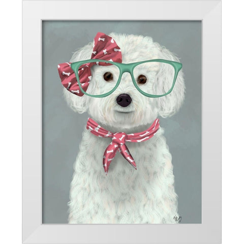 Bichon Frise with Glasses and Scarf White Modern Wood Framed Art Print by Fab Funky