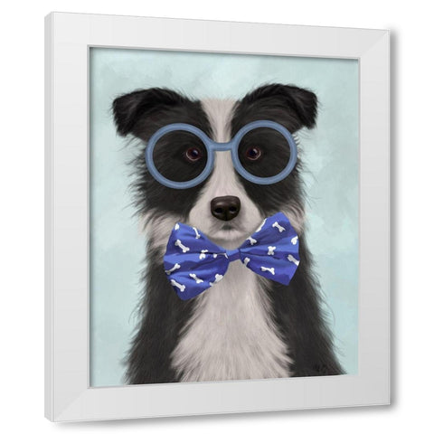 Border Collie, Black and White, with Glasses and Bow Tie White Modern Wood Framed Art Print by Fab Funky