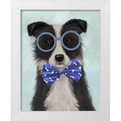 Border Collie, Black and White, with Glasses and Bow Tie White Modern Wood Framed Art Print by Fab Funky
