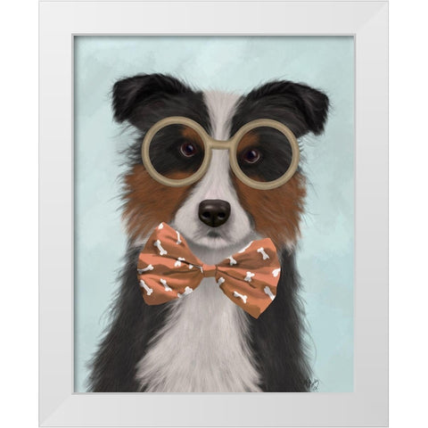 Border Collie, Tricolour, with Glasses and Bow Tie White Modern Wood Framed Art Print by Fab Funky