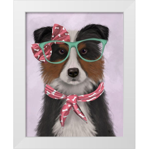 Border Collie, Tricolour, with Glasses and Scarf White Modern Wood Framed Art Print by Fab Funky