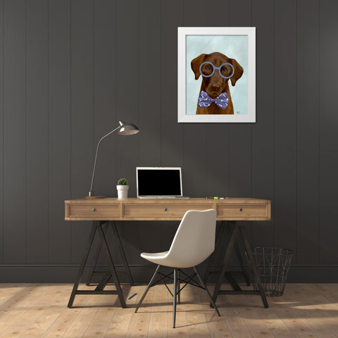 Chocolate Labrador with Glasses and Bow Tie White Modern Wood Framed Art Print by Fab Funky