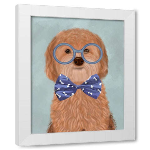 Cockerpoo, Apricot, with Glasses and Bow Tie White Modern Wood Framed Art Print by Fab Funky
