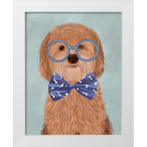 Cockerpoo, Apricot, with Glasses and Bow Tie White Modern Wood Framed Art Print by Fab Funky